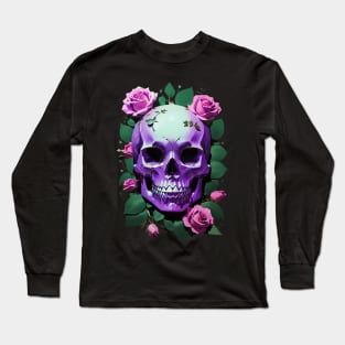 Aesthetic Delight: Halloween Green and Violet Skull Artwork with Urban Rose Accents Long Sleeve T-Shirt